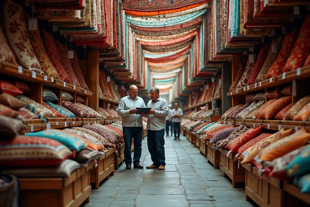 Marché de gros oriental avec tapis, plateaux en cuivre et mosaïques : stratégies de revente pour commerçants