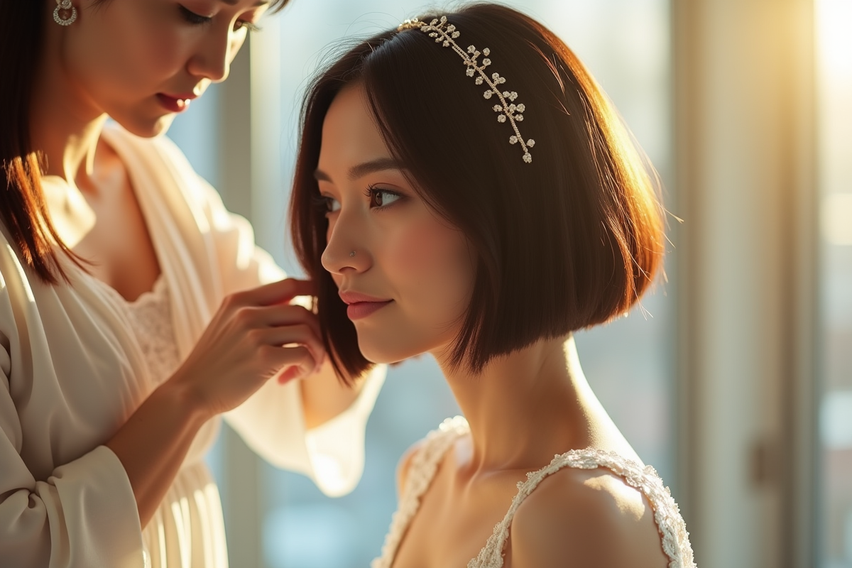 Mariée avec coiffure lisse et accessoires délicats