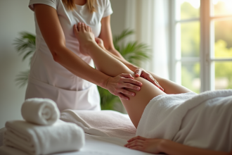 Thérapeute massant la cuisse d'une femme dans un spa moderne