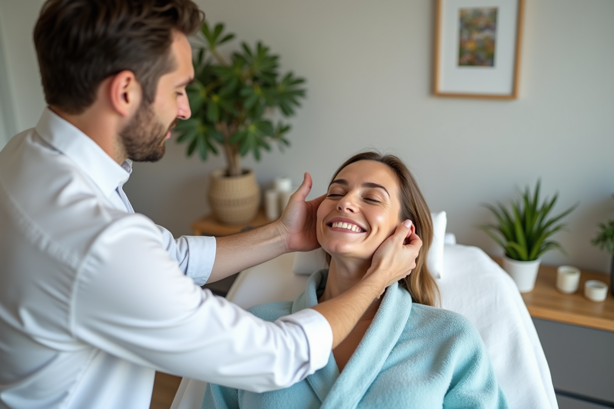 Masseur professionnel effectuant un massage visage à une cliente