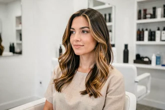 Femme brune aux mèches caramel naturelles assise dans un salon de coiffure moderne, vue en plan 3/4