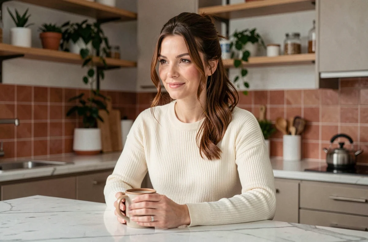 Femme brune aux reflets cuivrés en pull crème dans une cuisine moderne lumineuse, style éditorial lifestyle