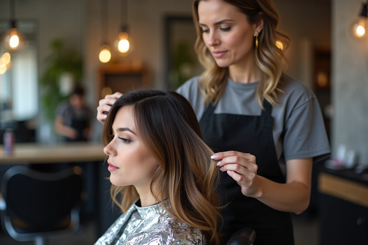 Coiffeuse réalisant des mèches blondes sur cheveux châtain foncé avec technique de pose de mèches en feuilles