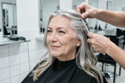 Femme aux cheveux gris-blanc avec des mèches blondes cendres en grey blending chez le coiffeur