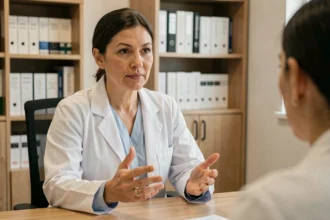 Médecin femme expliquant les mensurations idéales 90-60-90 à une patiente dans un cabinet médical moderne