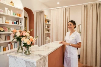Intérieur d'un institut de beauté haut de gamme à Marseille avec une esthéticienne en uniforme blanc derrière un comptoir d'accueil élégant