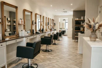 Intérieur d'un salon de coiffure moderne dans la Loire avec miroirs, fauteuils et produits professionnels