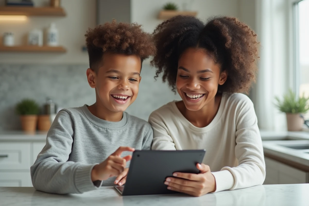 Mère et fils choisissant ensemble une coupe de cheveux adaptée à l'école sur une tablette dans une cuisine moderne, ambiance familiale détendue
