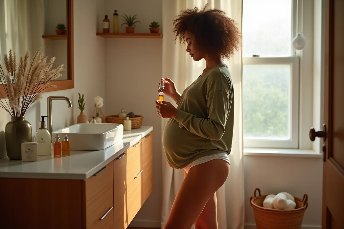 Femme enceinte comparant des produits de soin parfumés dont du musc intime devant sa salle de bain