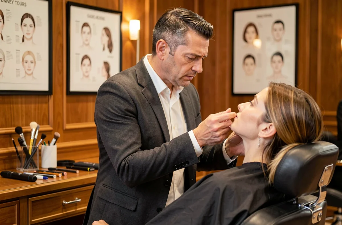 Visagiste Nicolas Gonçalves analysant la morphologie d'une cliente dans son salon de coiffure raffiné à Tours
