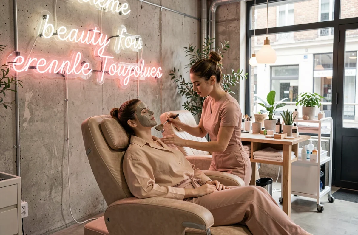 Soin du visage dans le salon tendance Ninaa Beauty à Toulouse avec décor urbain et moderne