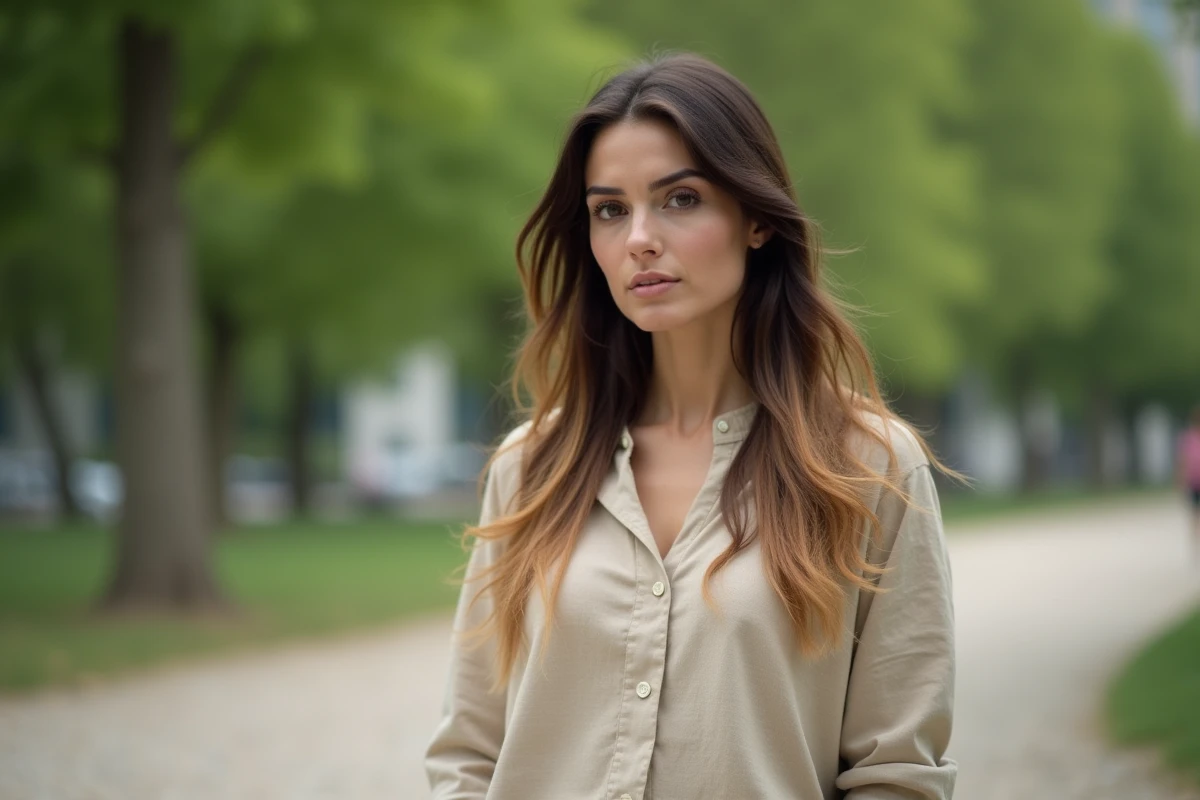 Femme avec ombré hair du châtain foncé au blond doré en extérieur dans un parc urbain