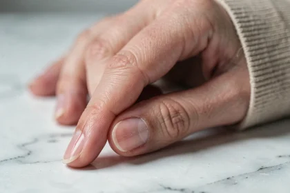 Gros plan macro d'un ongle fendu verticalement au centre du doigt d'une femme posé sur une surface en marbre