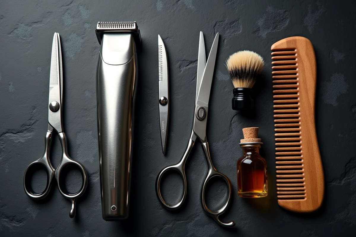 Outils professionnels de coiffure et de taille de barbe disposés en flat lay sur une ardoise sombre