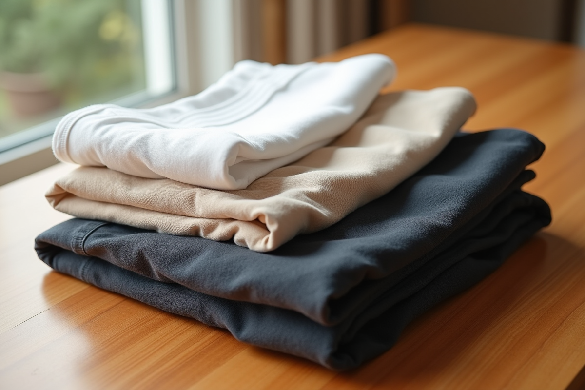Deux pantalons pliés avec sous-vêtements blancs et beiges sur une table en bois