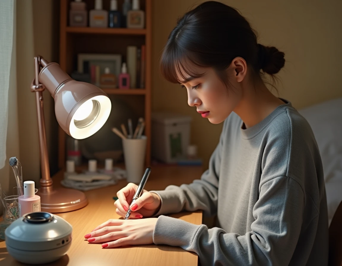 Jeune femme réalisant un pinçage d'ongles à domicile avec un outil métallique sur sa table de maquillage