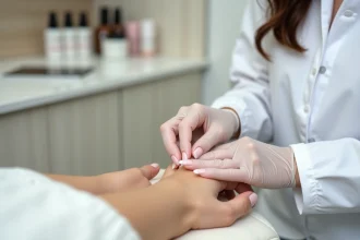Technicienne en onglerie appliquant le pinçage sur un ongle en acrylique dans un salon moderne et épuré