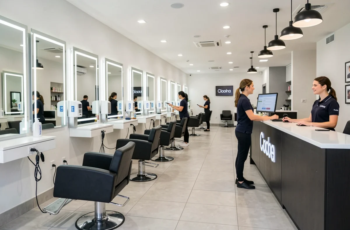Intérieur moderne et spacieux du salon Planet Coiff à Saint-Étienne avec plusieurs postes de coiffure