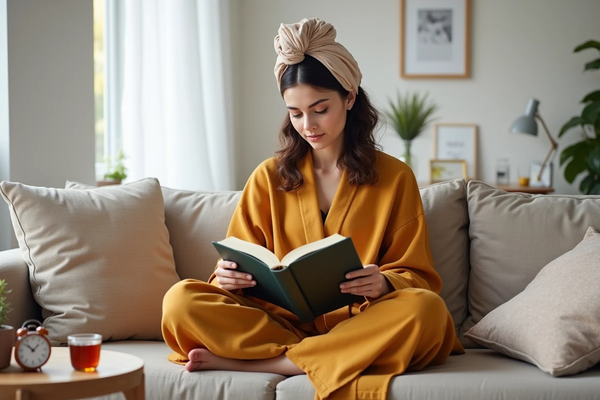 Femme avec henné posant sous un turban en tissu assise sur un canapé en lin pendant la pause du soin colorant