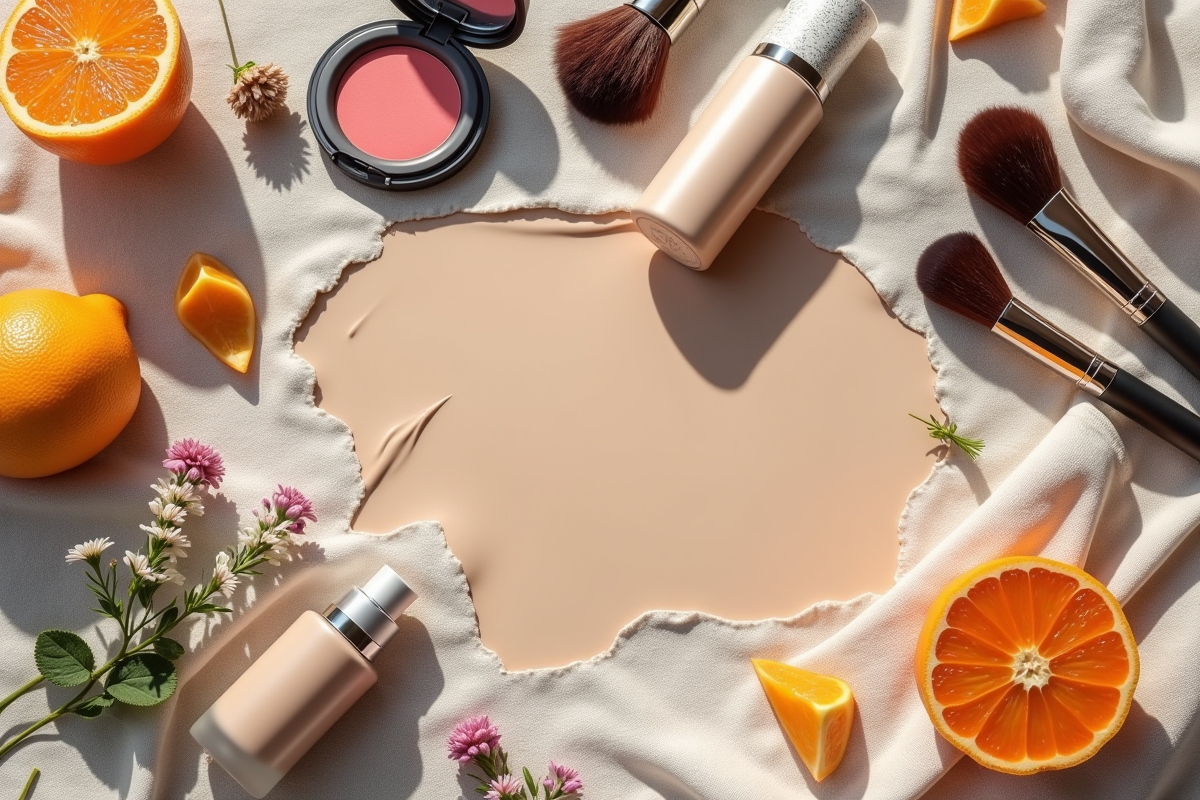 Arrangement de produits makeup bio avec fleurs et fruits