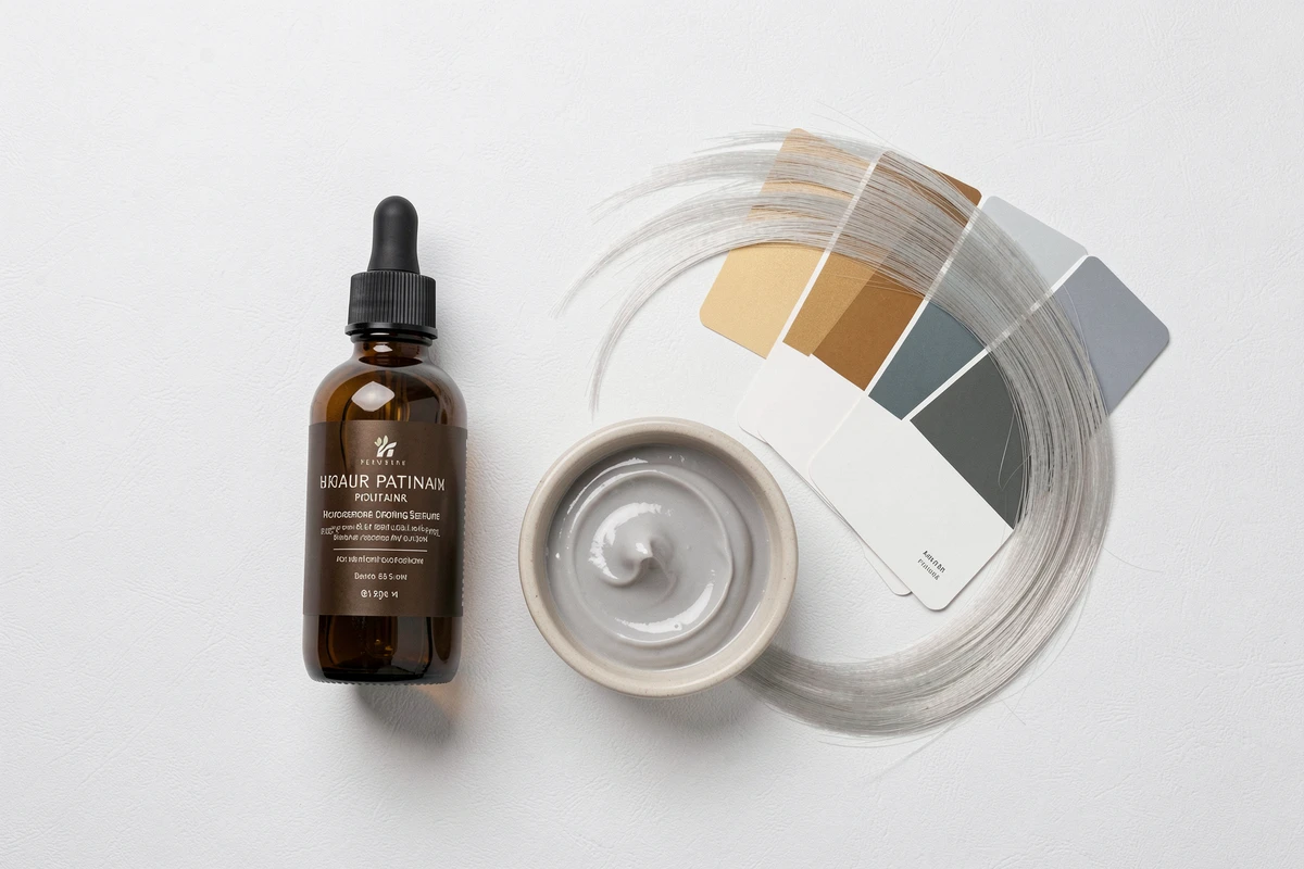 Mise en scène de produits professionnels pour patine capillaire avec nuancier de couleurs allant du doré chaud au cendré froid