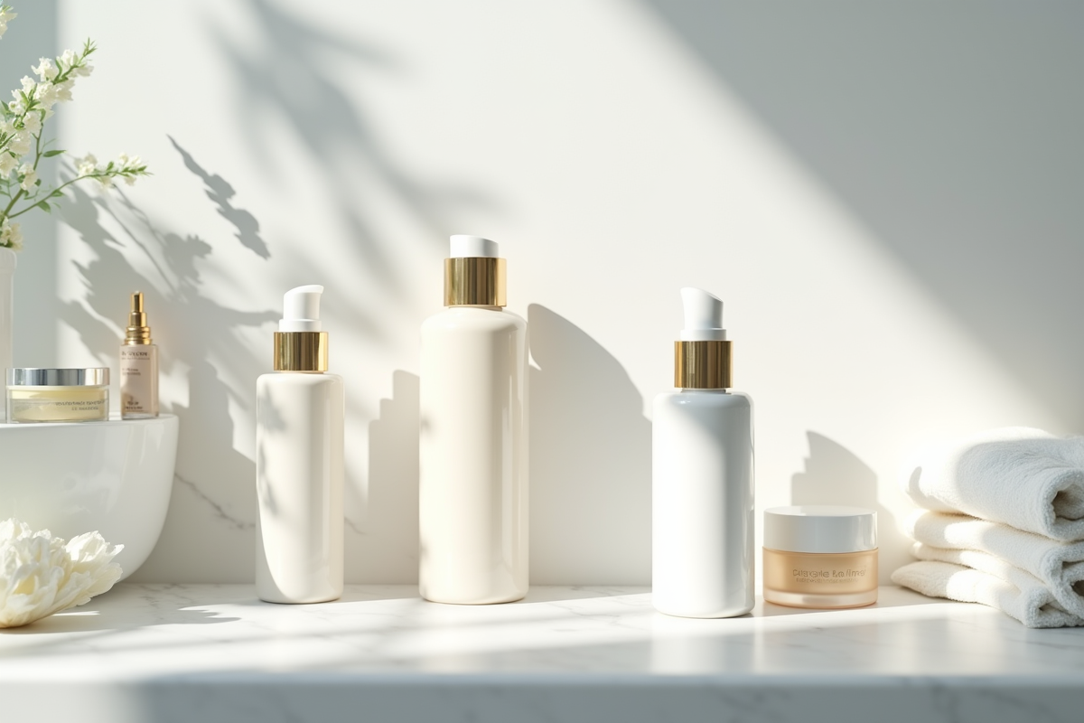 Produits de soin et beauté sur comptoir en marbre lumineux