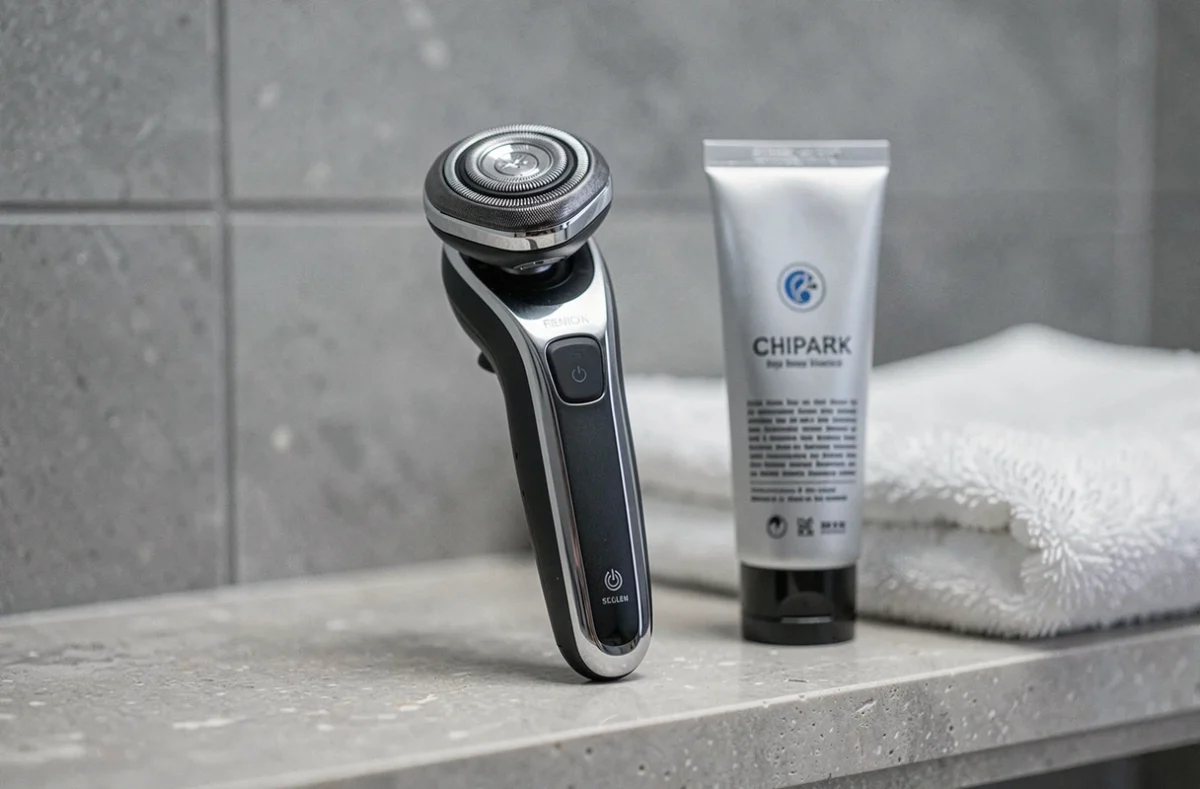 Rasoir électrique Gillette posé sur une étagère de salle de bain minimaliste avec accessoires de rasage