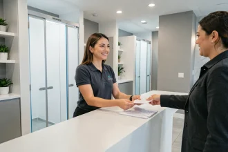 Réception moderne d'un centre de bronzage Point Soleil à Levallois-Perret avec hôtesse souriante