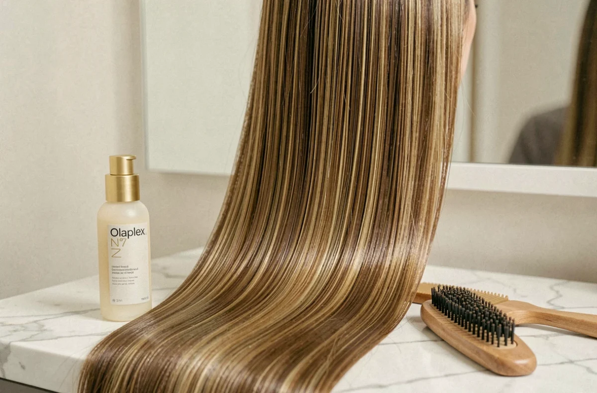 Cheveux brillants et nourris après utilisation de l'huile Olaplex N°7 posée sur un comptoir en marbre blanc