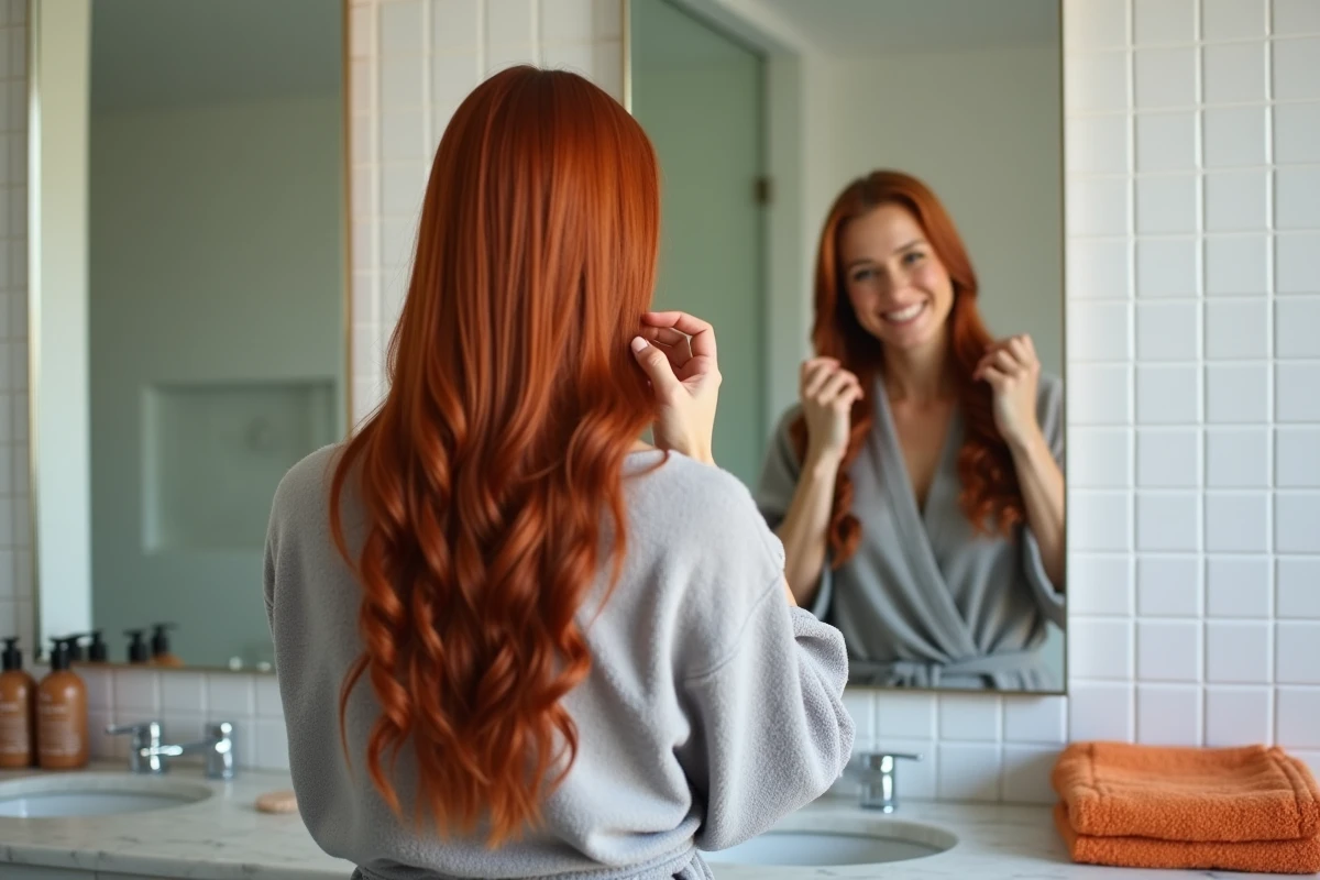 Femme aux cheveux châtain cuivré après un soin au henné colorant admirant le résultat brillant dans un miroir de salle de bain