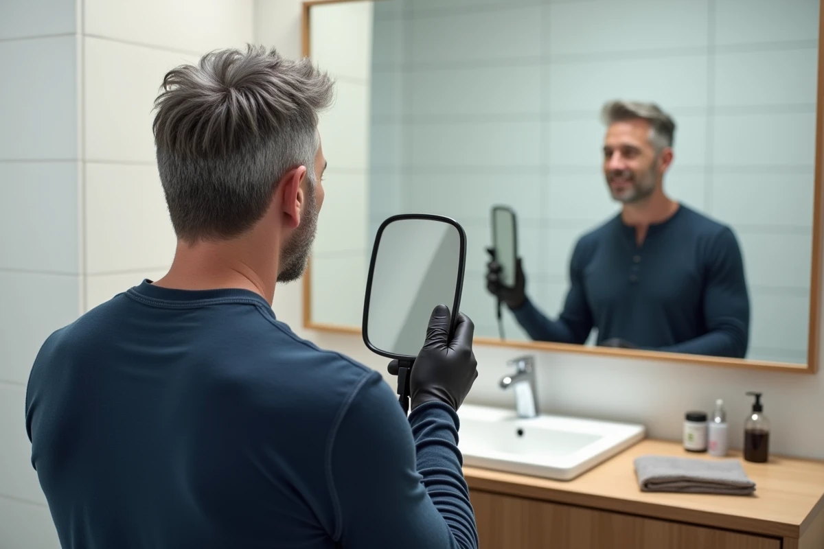 Homme inspectant le résultat de sa teinture cheveux poivre et sel avec un miroir à main dans la salle de bain
