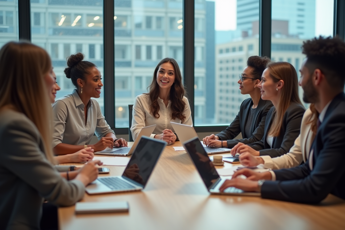 Groupe de professionnels discutant des tendances beauté en réunion
