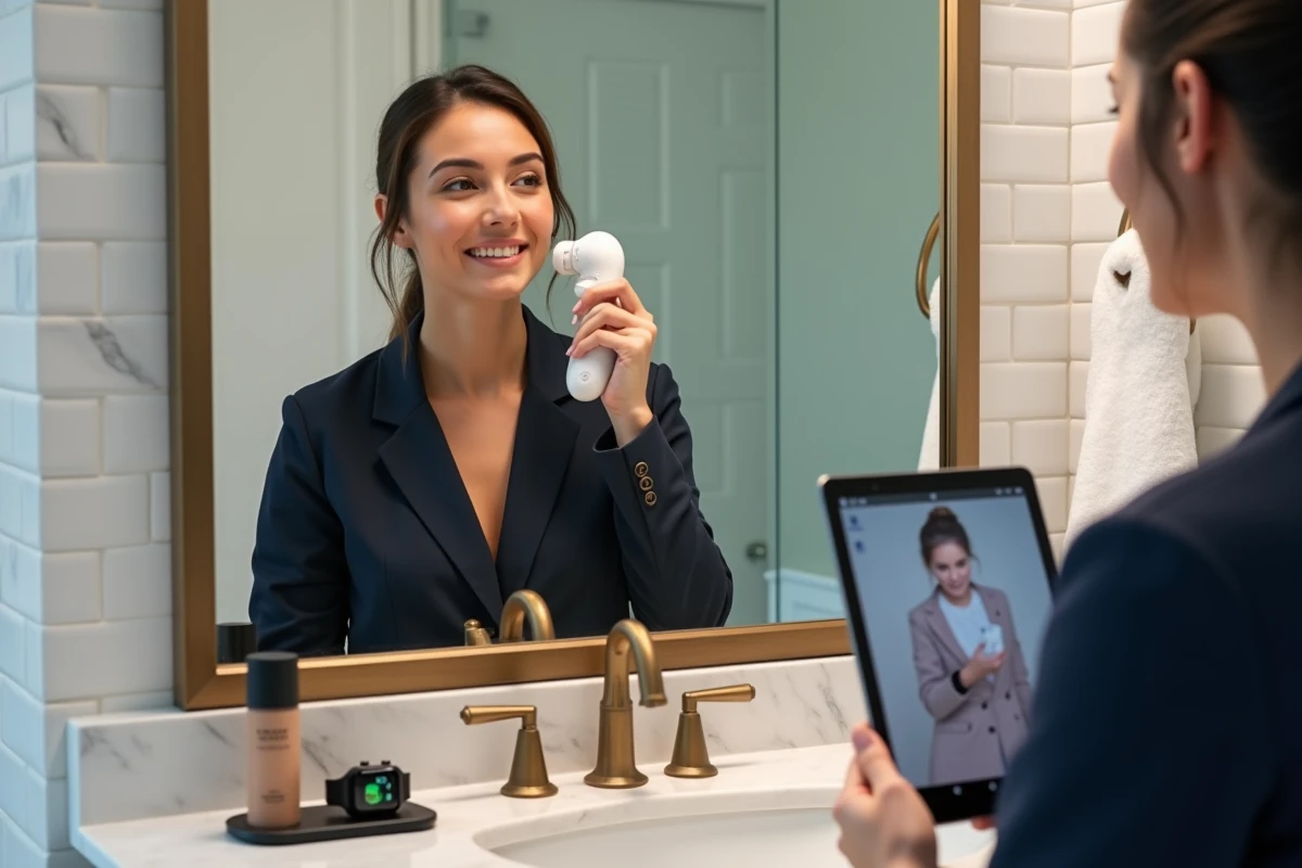 Femme utilisant un appareil beauté connecté devant un miroir de salle de bain moderne, avec une tablette affichant une application de maquillage et des produits cosmétiques sur un plan en marbre
