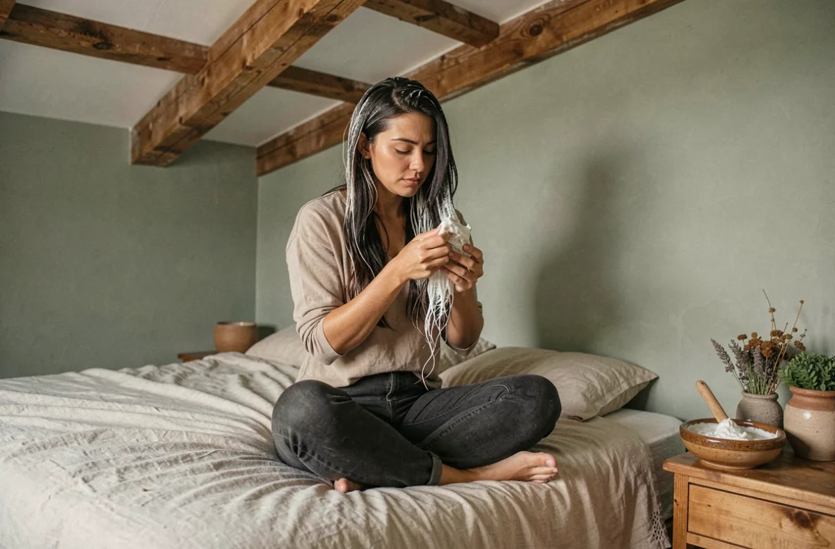 Jeune femme appliquant un masque capillaire sur ses cheveux avec quelques mèches blanches naturelles