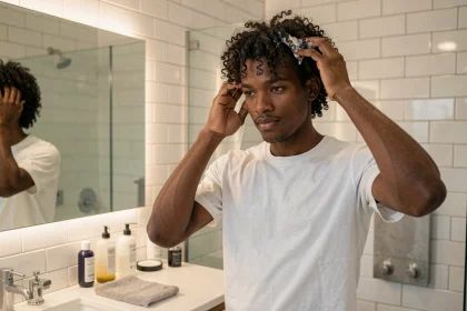 Homme aux cheveux frisés appliquant une crème coiffante dans sa salle de bain pour définir ses boucles au quotidien