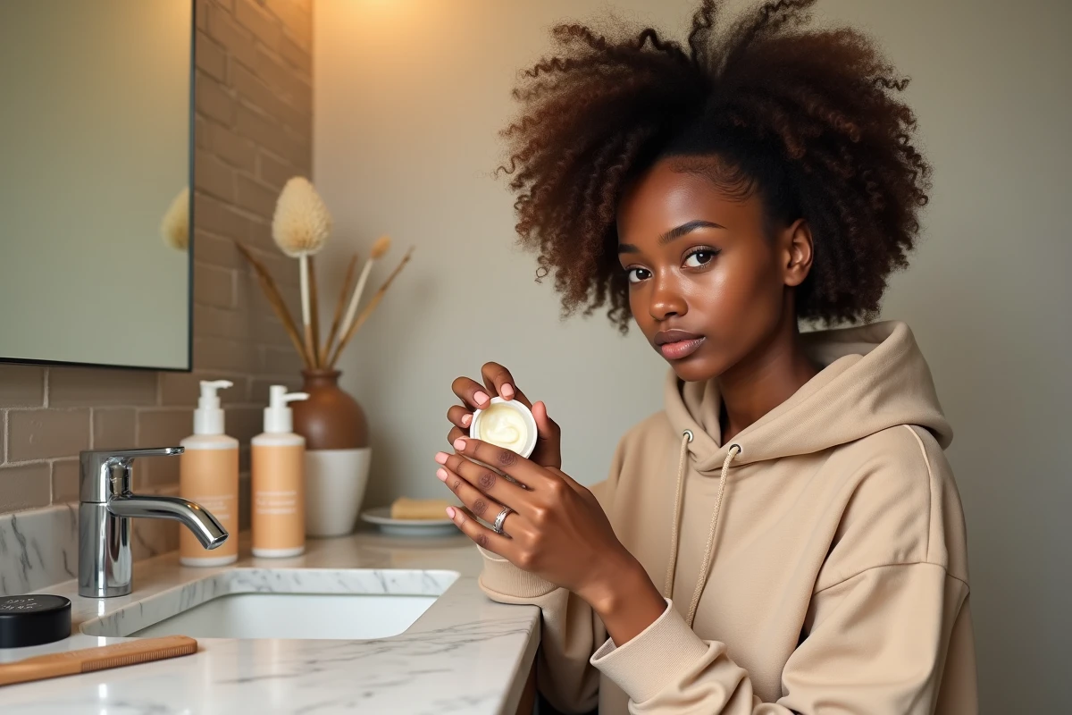 Jeune femme appliquant une crème coiffante sur son dégradé espagnol cheveux bouclés devant un miroir de salle de bain