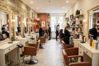 Intérieur animé d'un salon de coiffure en Indre-et-Loire avec des postes de coiffage modernes et une décoration française élégante