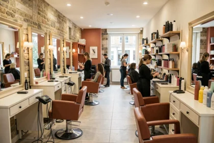 Intérieur animé d'un salon de coiffure en Indre-et-Loire avec des postes de coiffage modernes et une décoration française élégante
