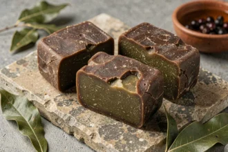 Savons d'Alep authentiques coupés révélant leur intérieur vert olive caractéristique sur une surface en pierre