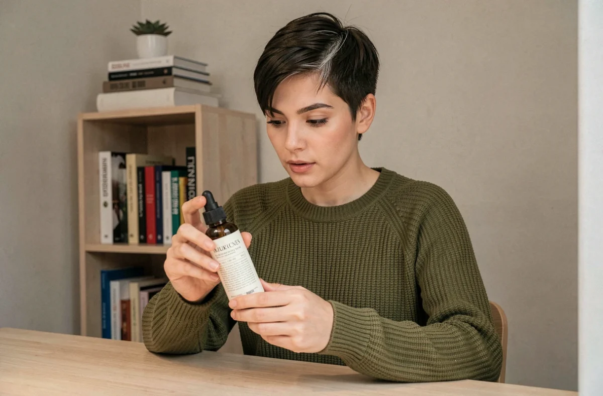 Jeune femme avec une mèche blanche lisant les ingrédients d'un sérum capillaire à sa coiffeuse