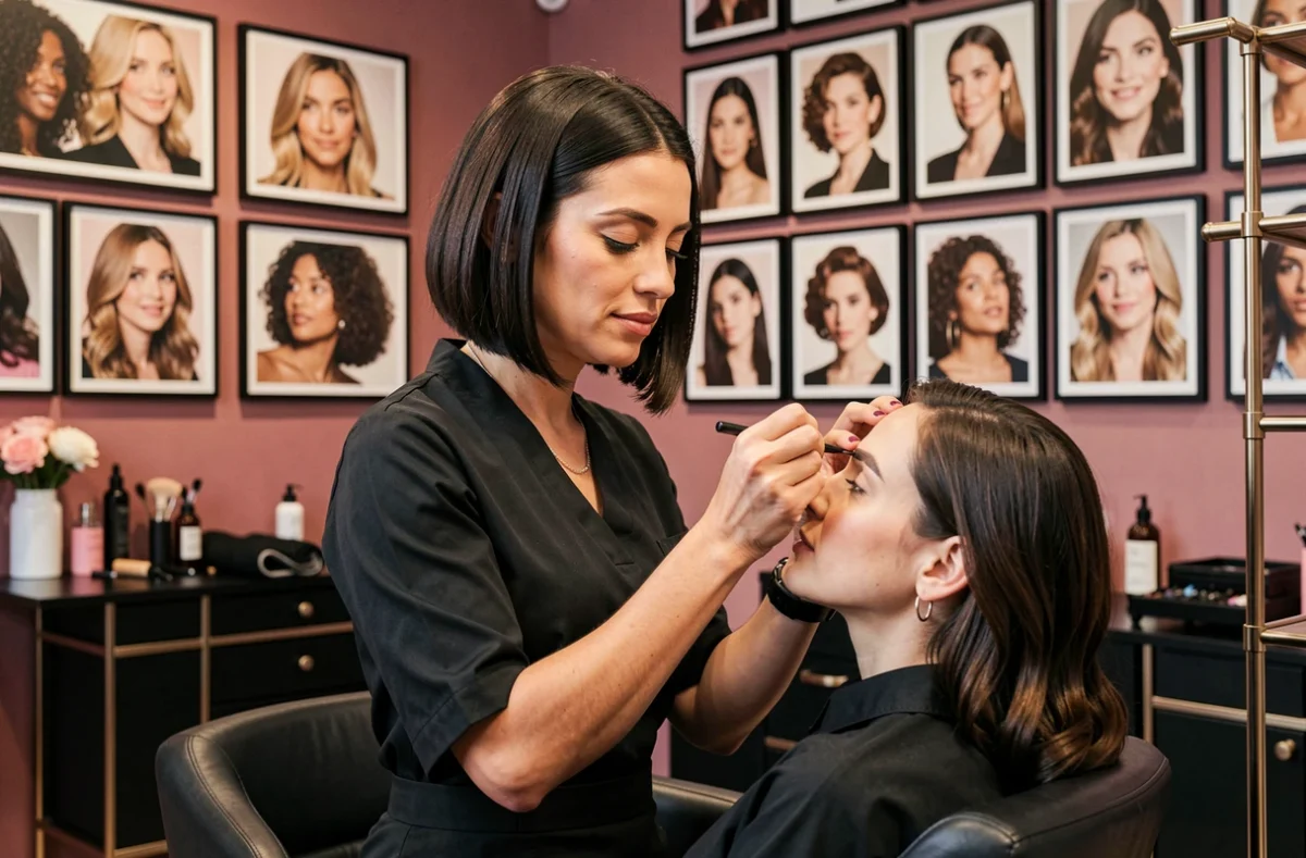 Esthéticienne réalisant une mise en forme des sourcils dans le salon SHE'S BEAUTY à Toulouse