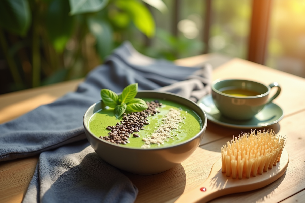 Bol de smoothie vert avec thé et brosse de massage sur table en bois
