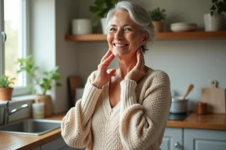 Femme souriante appliquant un soin naturel au cou
