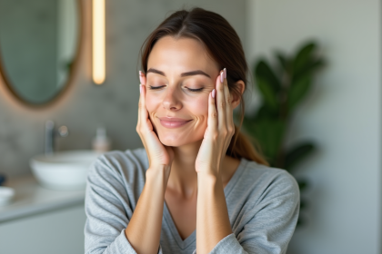 Femme se massant le visage dans une salle lumineuse