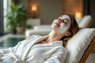 Femme détendue en soin visage dans un spa intérieur