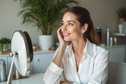 Femme confiante en cabinet dermatologique pour soins peau