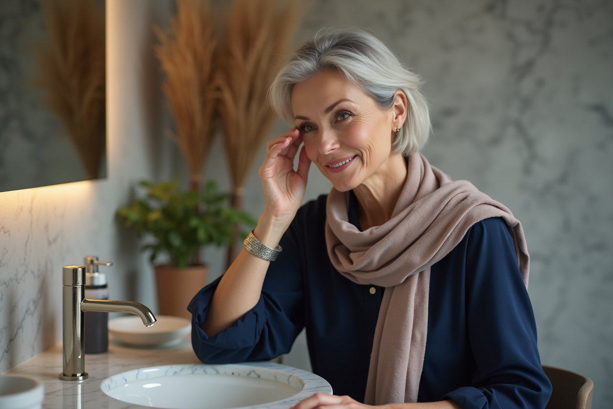 Femme d'âge moyen appliquant une crème visage naturelle