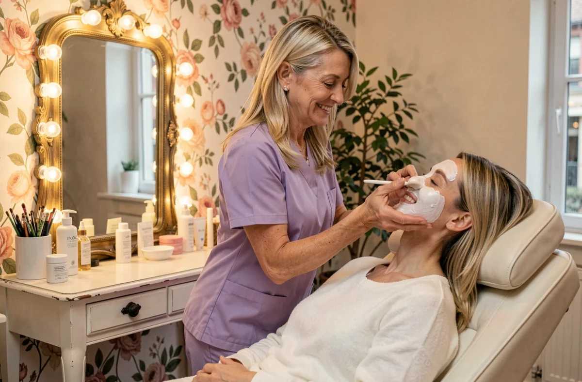 Esthéticienne appliquant un masque nourrissant dans le salon Stéphanie Beauté à Toulouse avec ambiance chaleureuse