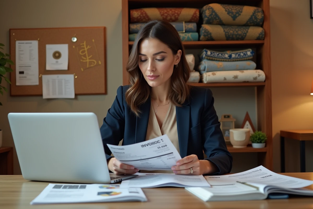 Stratégie de revente orient : femme commerçante analysant des marges sur catalogue grossiste en bureau