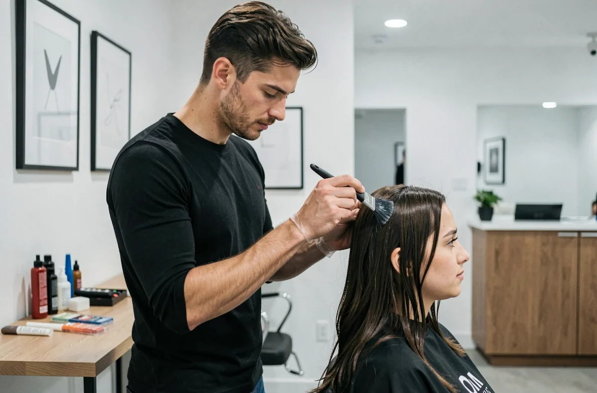 Coiffeur appliquant une coloration dans le salon Studio 223 à Renaison